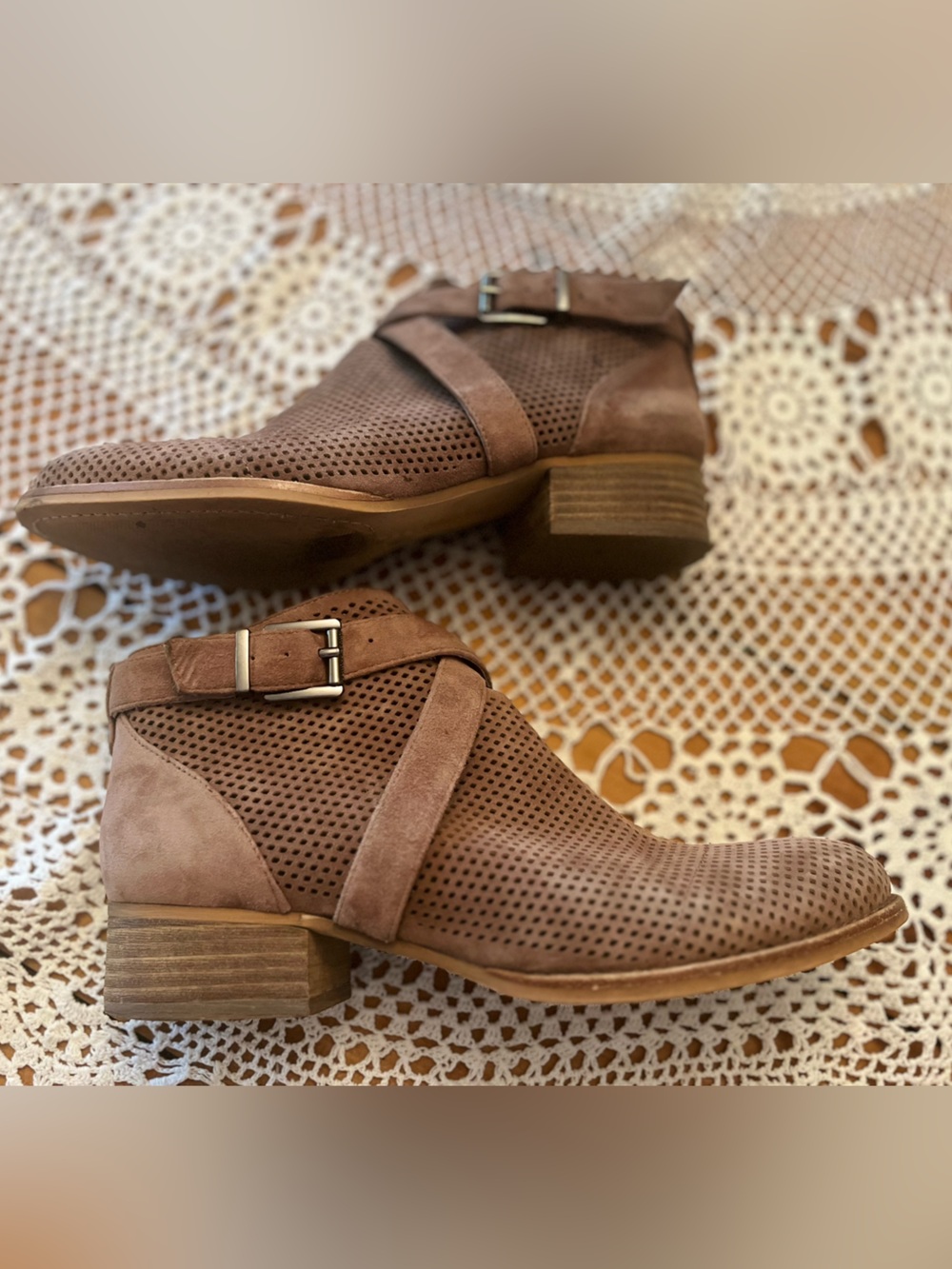 Vince Camuto Brown Perforated Suede Ankle Booties with Buckle